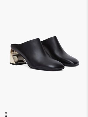 Philip Lim Women’s Black Leather Slip-On Mules with Gold Accent Heel